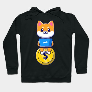 Cute Shiba Inu Dog Sitting On Gold Coin And Operating  Laptop Cartoon Hoodie